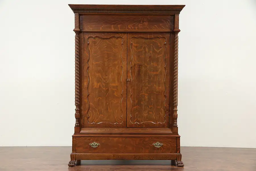 Main image of Victorian Oak Antique Armoire, Wardrobe or Closet, Spiral Columns