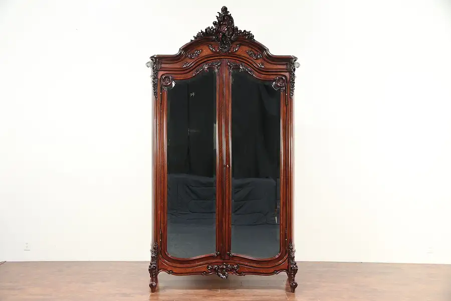 Main image of French Carved Rosewood Antique Armoire Wardrobe, Beveled Mirror Doors