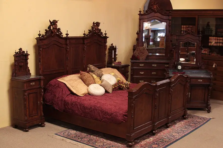Main image of King 5 Pc. Antique Bedroom Set, Marble & Cherubs