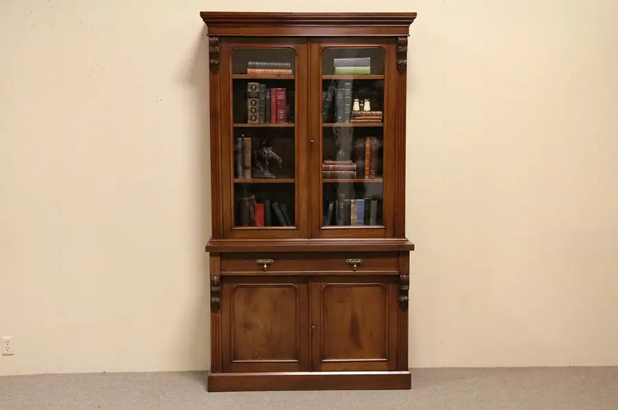 Main image of Carved Walnut Antique 1880 Bookcase, Original Wavy Glass
