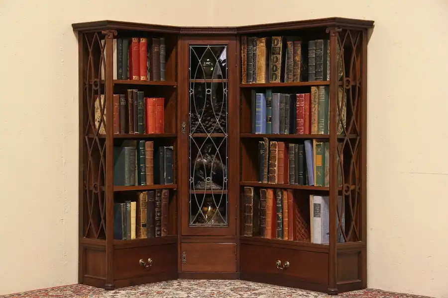 Main image of Cherry 1890 Antique Corner Bookcase, Leaded Glass Door