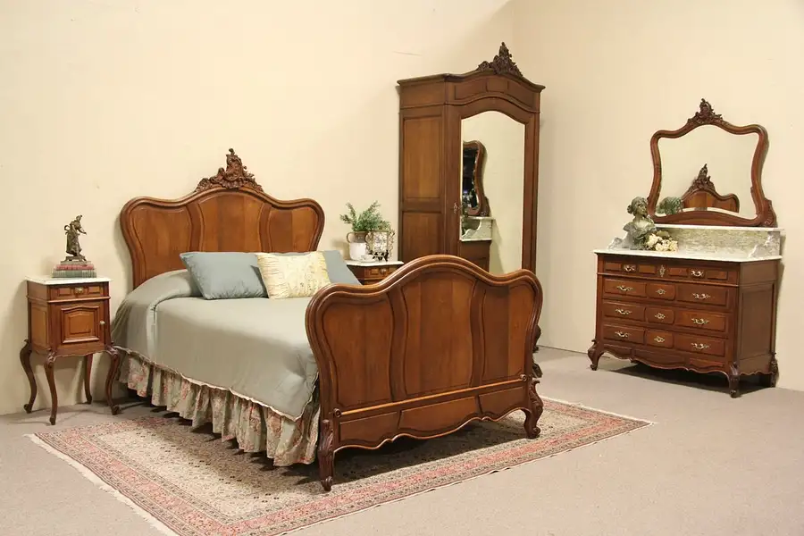 Main image of Country French 1895 Antique Carved Oak Queen Size Bedroom Set