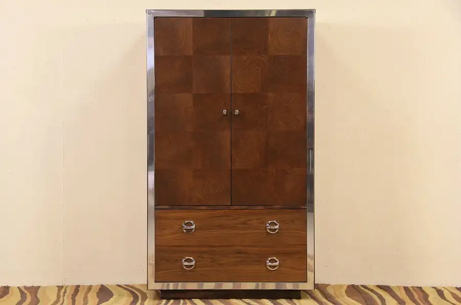 Main image of Midcentury Modern Armoire or Wardrobe, 1970 Vintage Chrome & Walnut