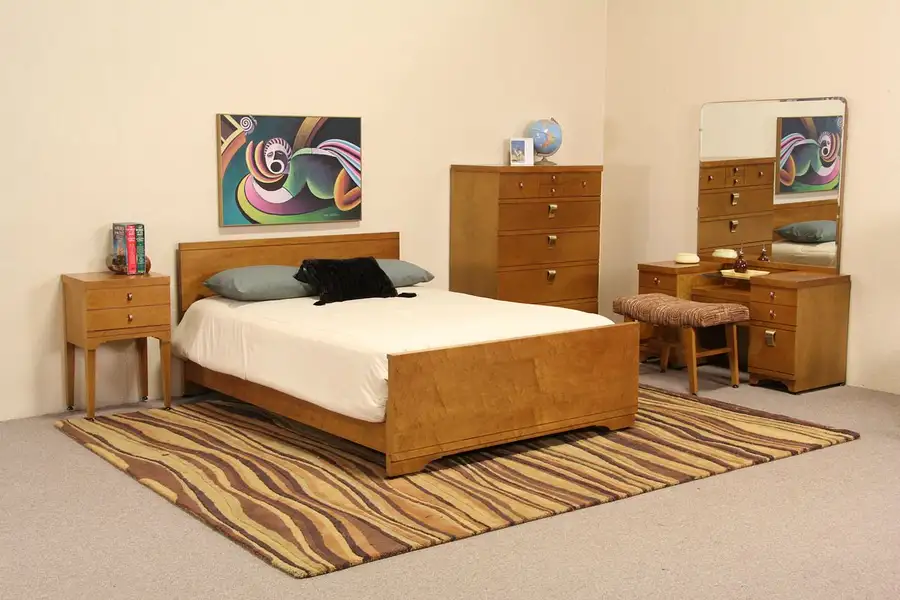 Main image of Midcentury Modern 5 Pc. Curly Birdseye Maple Bedroom Set, 1950's Vintage