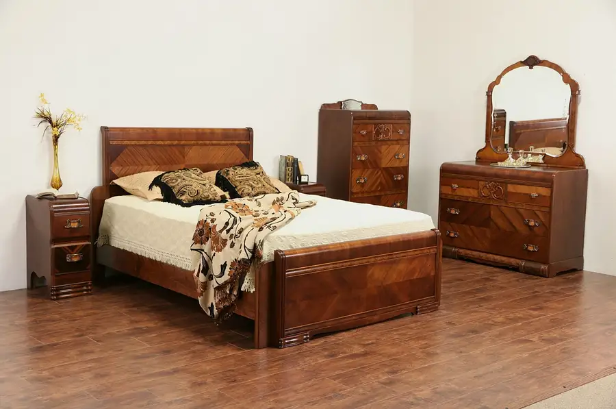 Main image of Art Deco Waterfall 1935 Vintage Queen Size 5 Pc. Bedroom Set