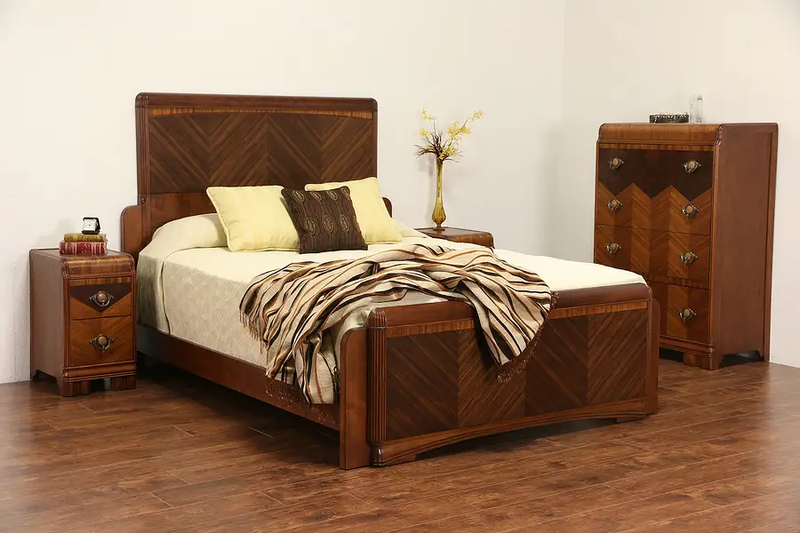 Main image of Art Deco Waterfall 4 Piece Bedroom Set, Queen Bed, Nightstands & Highboy Chest