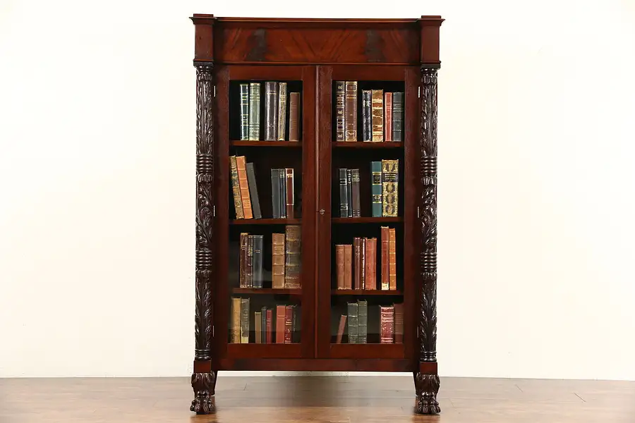 Main image of Empire 1840 Antique Mahogany Bookcase, Carved Acanthus Columns, Lion Paws