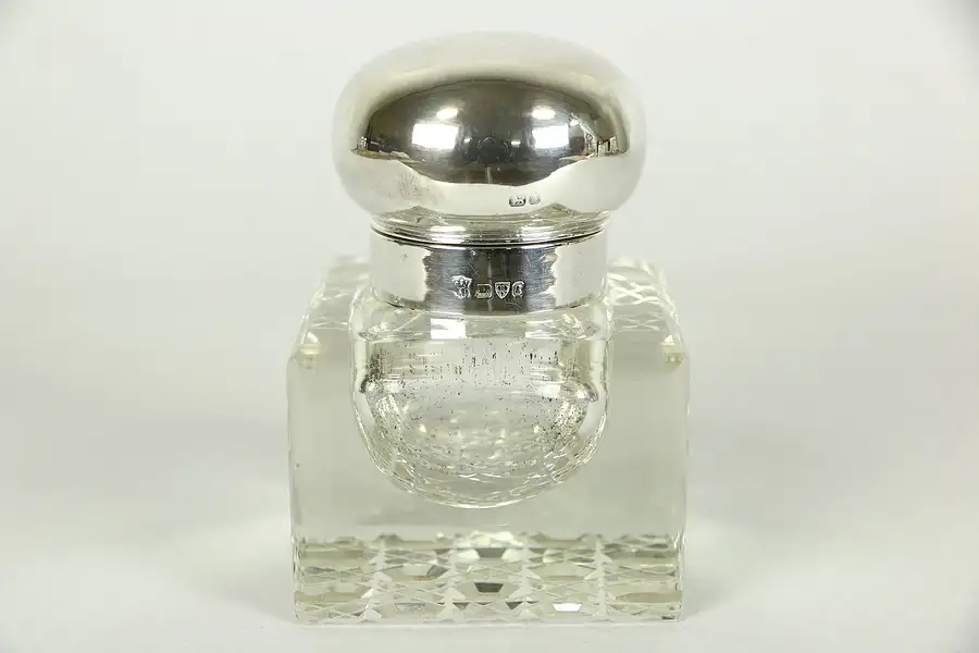 Main image of English Antique 1900 Cut Crystal Inkwell, Hallmarked Sterling Silver Cap