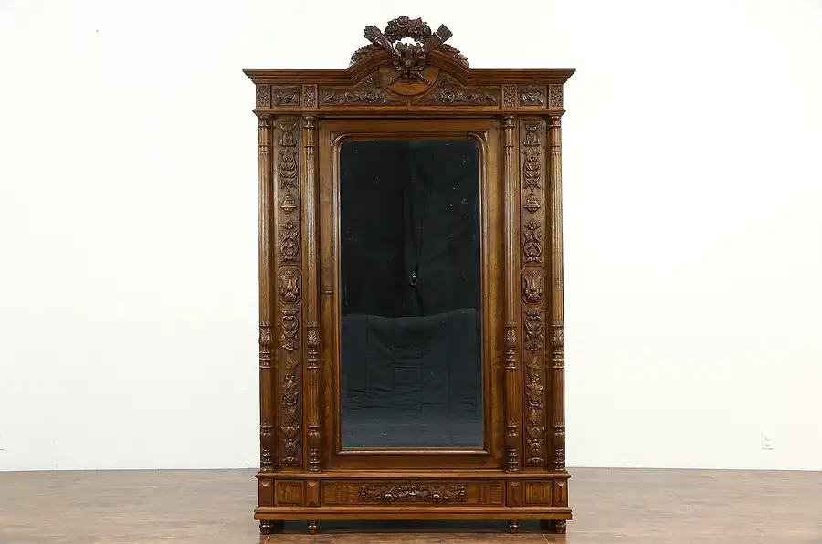 Main image of French Louis XVI Antique 1890 Carved Oak & Chestnut Armoire, Wardrobe or Closet
