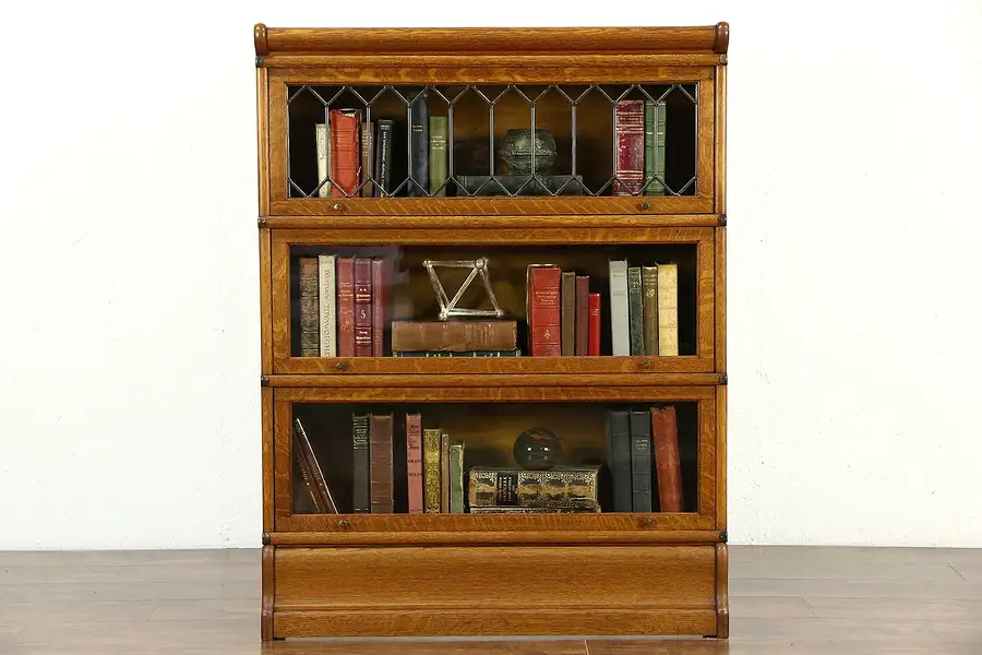 Main image of Wernicke Signed Oak Antique 3 Stack Lawyer Bookcase, Leaded Glass, Pat. 1897