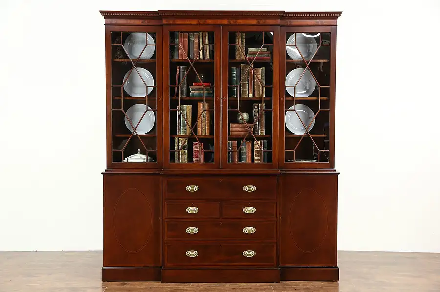 Main image of English Vintage Mahogany Breakfront China Cabinet or Bookcase & Desk