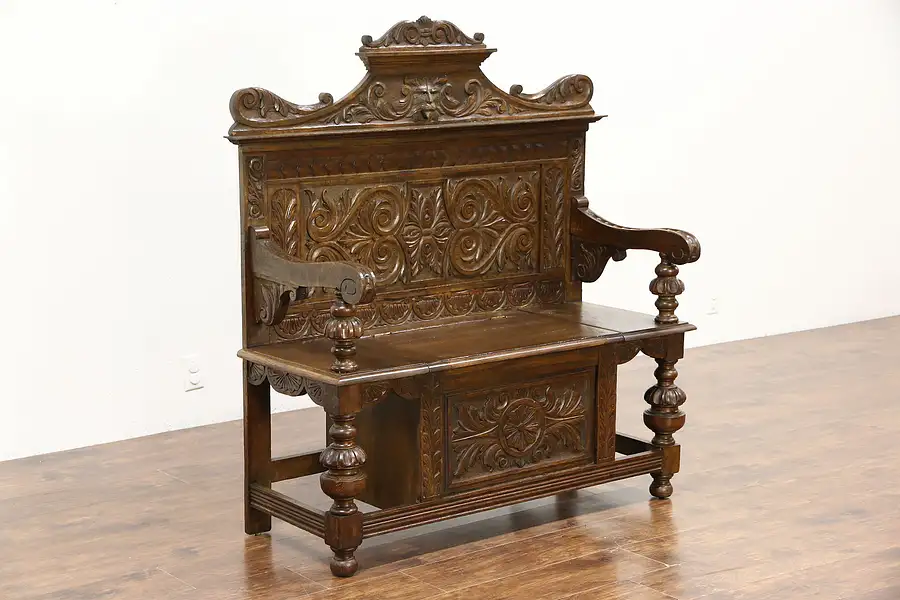 Main image of Dutch Oak 1890 Antique Renaissance Style Hall Bench, Hand Carved Lion