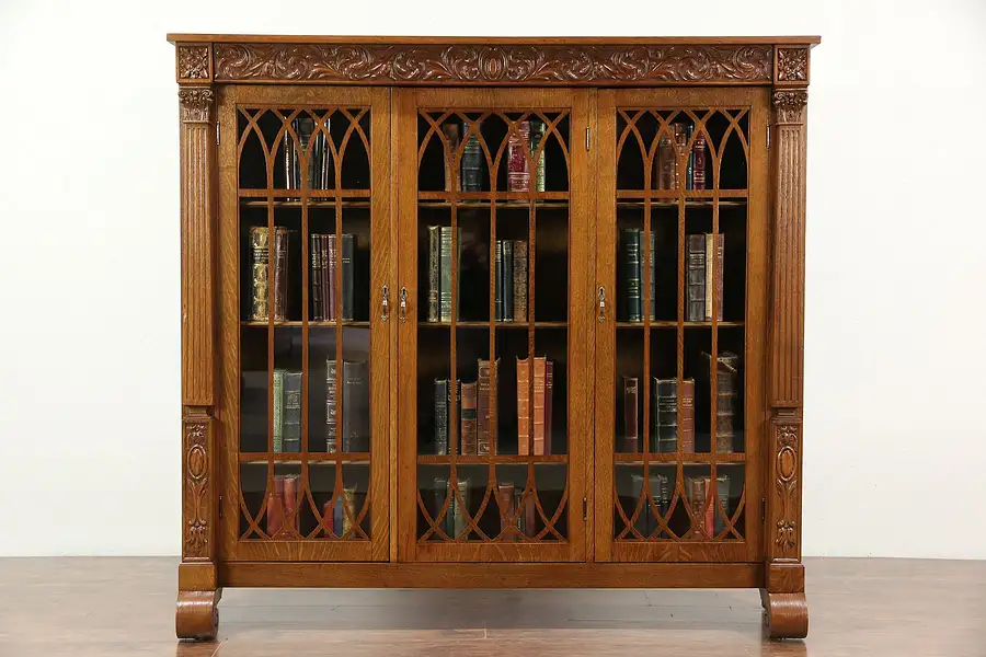 Main image of Oak Gothic Carved 1910 Antique Triple Library Bookcase