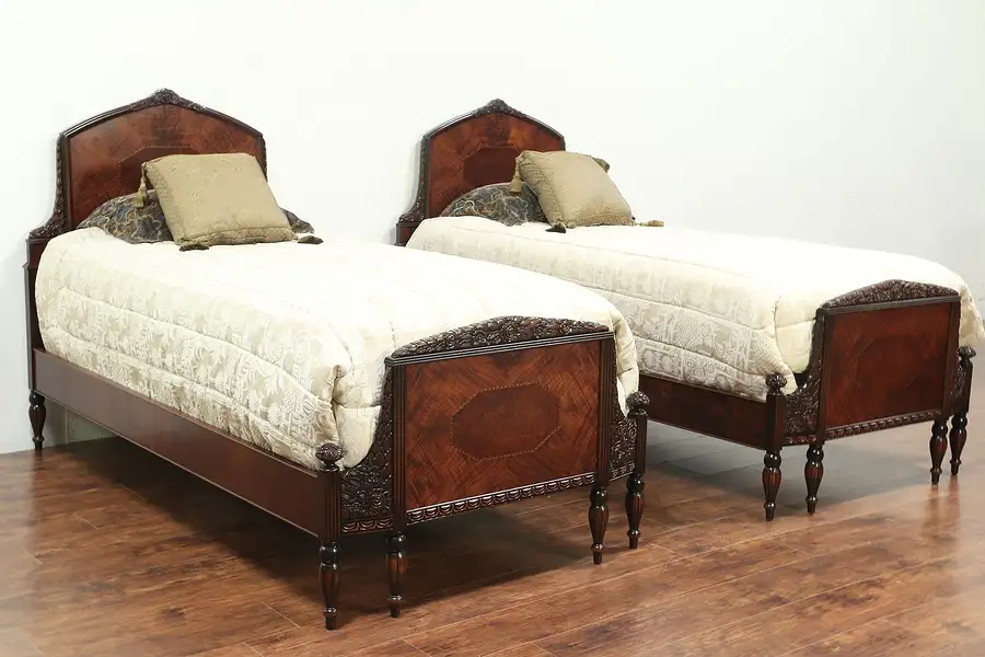 Main image of Art Deco 1925 Antique Pair of Twin or Single Beds, Signed Hillenbrand