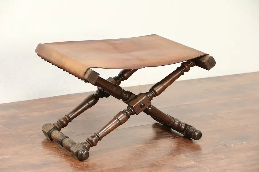 Main image of Spanish Oak Vintage Folding Bench or Stool, Leather Seat