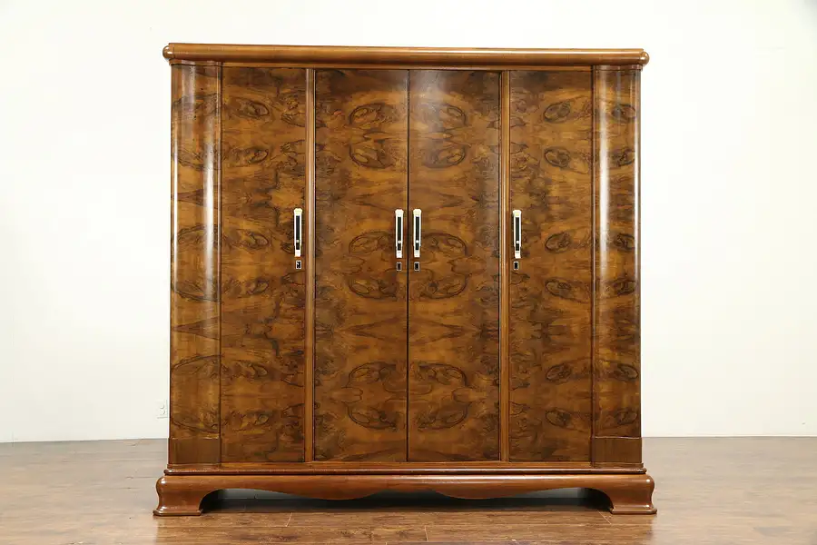 Main image of Art Deco Italian 4 Door Walnut & Burl Vintage Armoire, Wardrobe or Closet