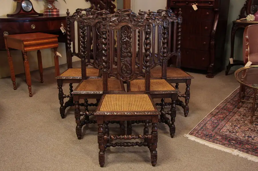 Main image of Set of 6 French Brittany Grape Carved Chairs