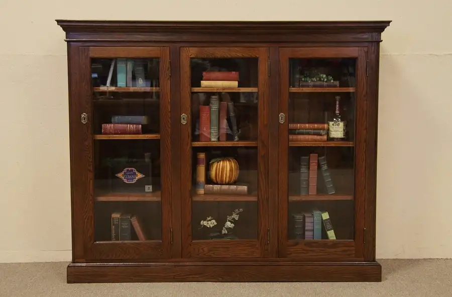 Main image of Oak Triple Antique Bookcase, Glass Doors