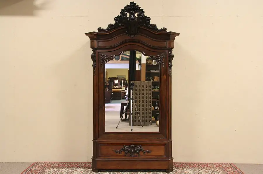 Main image of Rosewood Carved 1880 Antique Armoire, Secret Drawer, Signed Paris