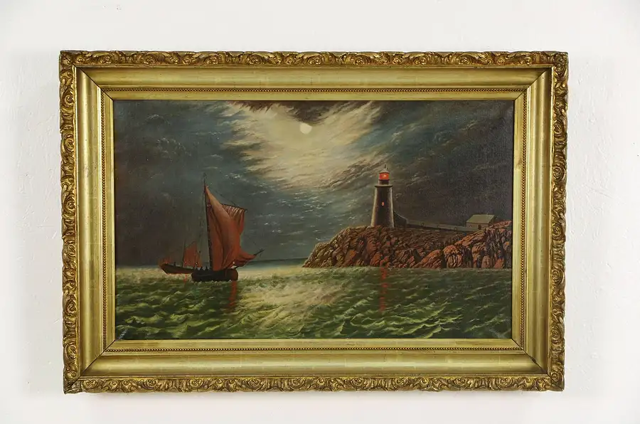Main image of Lighthouse & Sailboat Original 1890's Painting, Gold Frame