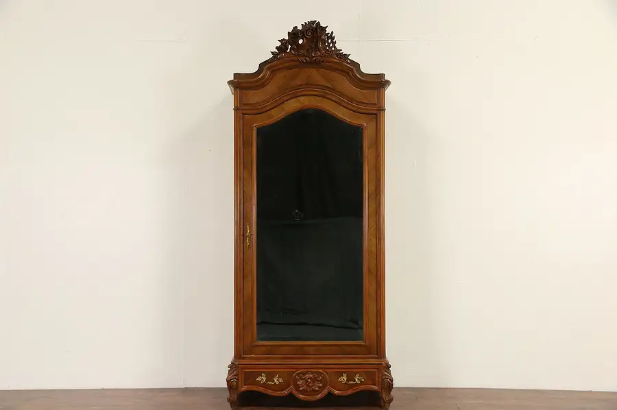 Main image of French 1900 Antique Carved Walnut Armoire, Beveled Mirror Door