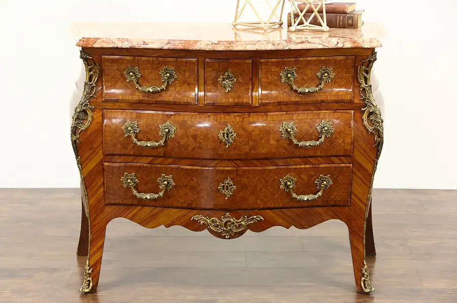 Main image of Italian Vintage Marble Top Tulipwood Marquetry Bombe Chest or Commode