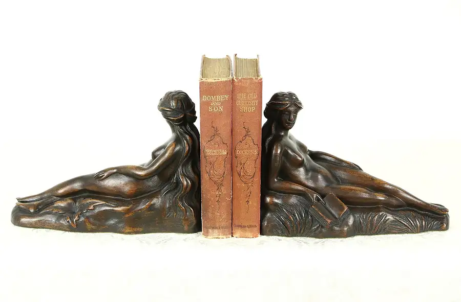 Main image of Nude Hand Carved Pair of Antique Mahogany Sculpture Bookends, Kopriwa Chicago