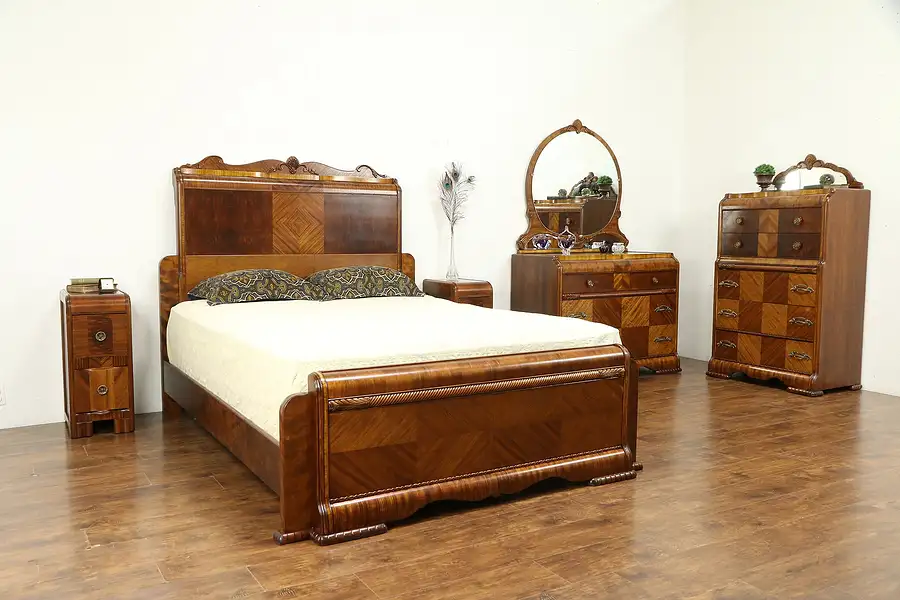 Main image of Art Deco Waterfall Vintage 5 pc Bedroom Set, Queen Size Bed