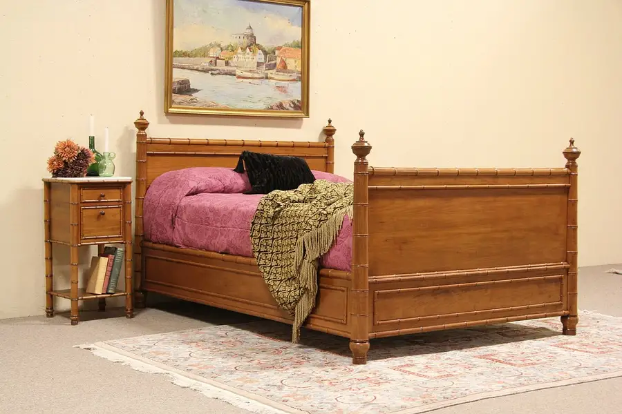 Main image of Bamboo Carved Cherry Full or Double Bed and Nightstand Set