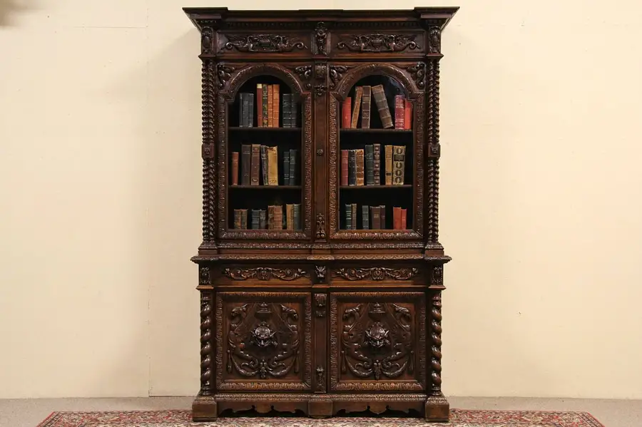 Main image of Black Forest Hand Carved 1880 Antique Oak Bookcase, Griffins