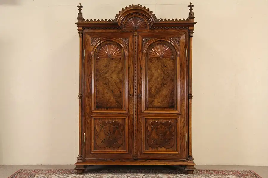 Main image of French Carved Walnut & Burl 1875 Antique Armoire