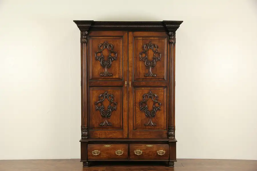 Main image of Oak Carved 1890's Antique Armoire, Wardrobe or Closet