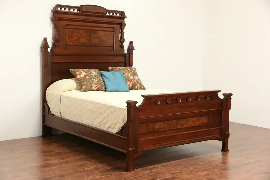 Main image of Eastlake Victorian 1880 Antique Queen Size Walnut & Burl Bed