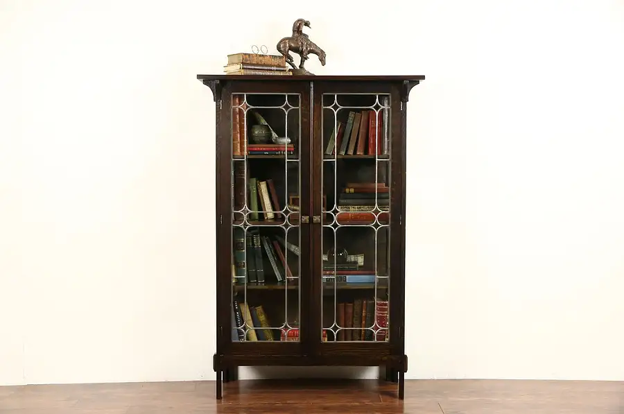 Main image of Arts & Crafts Mission Oak 1905 Antique China Curio Cabinet, Leaded Glass