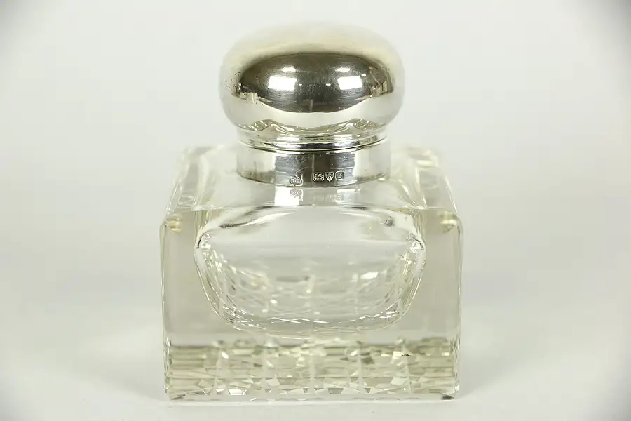 Main image of English Antique 1900 Cut Crystal Inkwell, Sterling Silver Cap