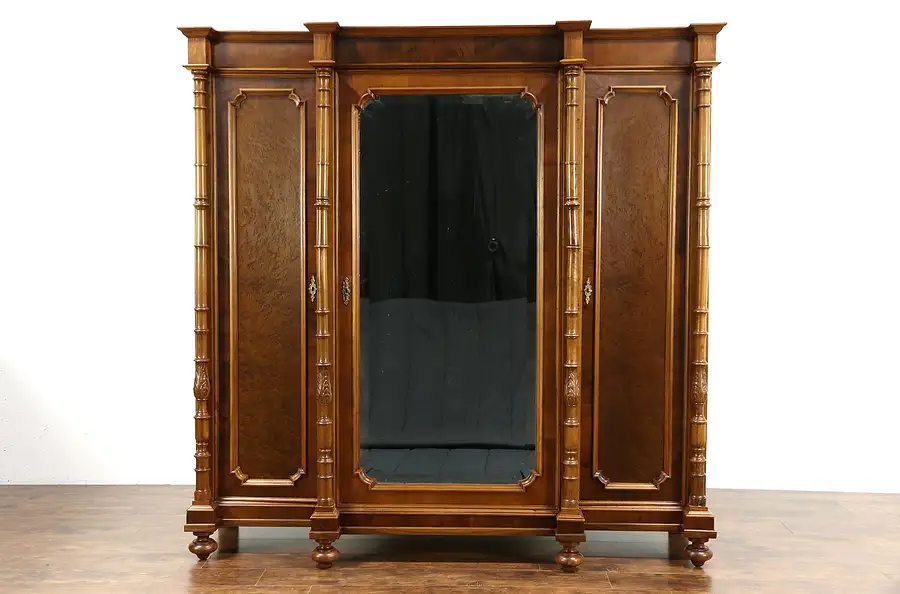 Main image of Italian 1900 Antique Walnut Triple Armoire, Wardrobe or Closet, Beveled Mirror