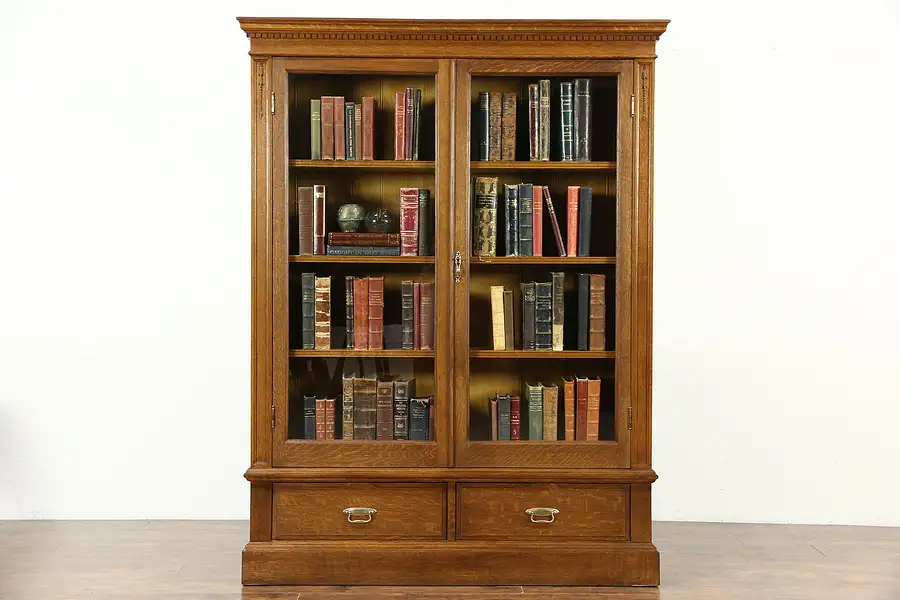 Main image of Oak 1900 Antique Bookcase, Glass Doors, Adjustable Shelves