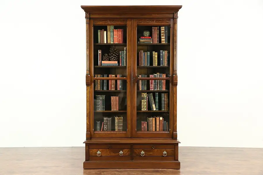 Main image of Victorian Eastlake 1870 Antique Walnut Library Bookcase, Wavy Glass Doors