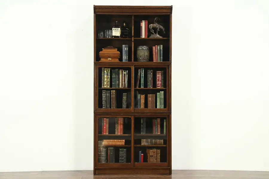Main image of Oak Stacking Antique 3 Section Bookcase Bath Cabinet Sliding Glass Doors, Danner