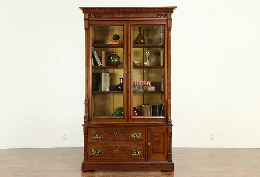 Main image of Victorian Eastlake Antique Walnut Library Bookcase, Wavy Glass