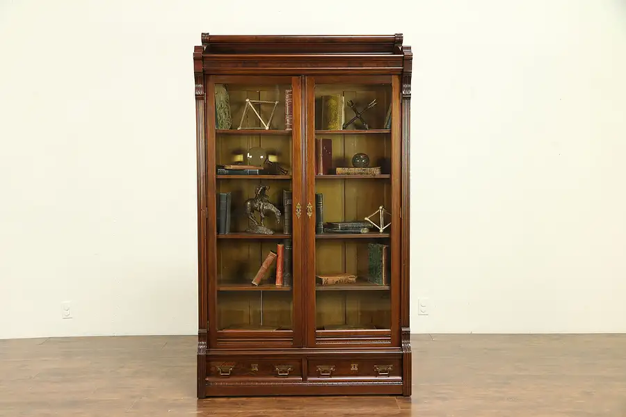Main image of Victorian Eastlake Antique Walnut & Burl Library Bookcase, Wavy Glass