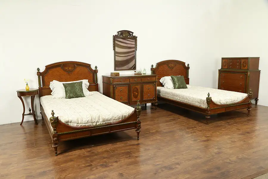Main image of Satinwood & Mahogany Marquetry 6 Pc Bedroom Set, 3/4 Size Beds