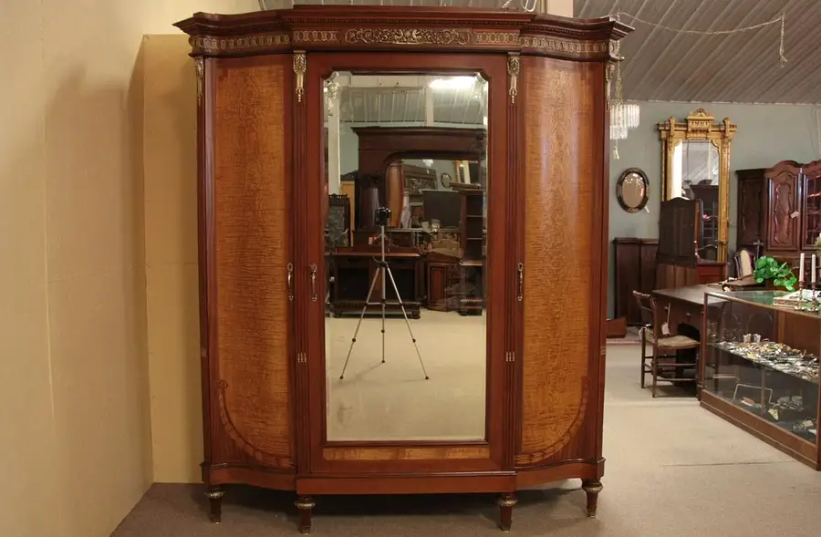 Main image of French Triple Armoire, Marquetry & Beveled Mirror