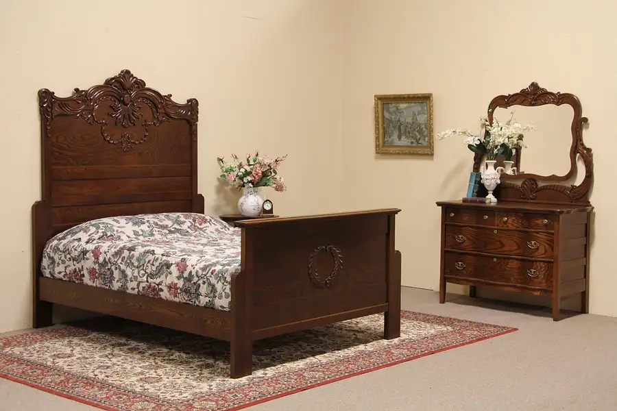 Main image of Carved Oak Queen Size Antique Bedroom Set