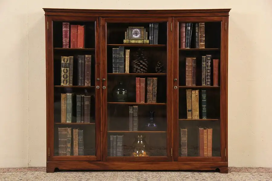 Main image of Triple Mahogany 1910 Antique Bookcase, Locking Glass Doors