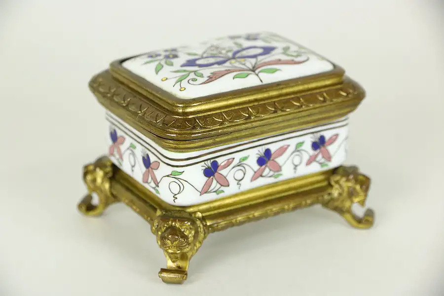 Main image of French 1900 Antique Bronze & Porcelain Ring, Jewelry or Stamp Box, Lion Heads