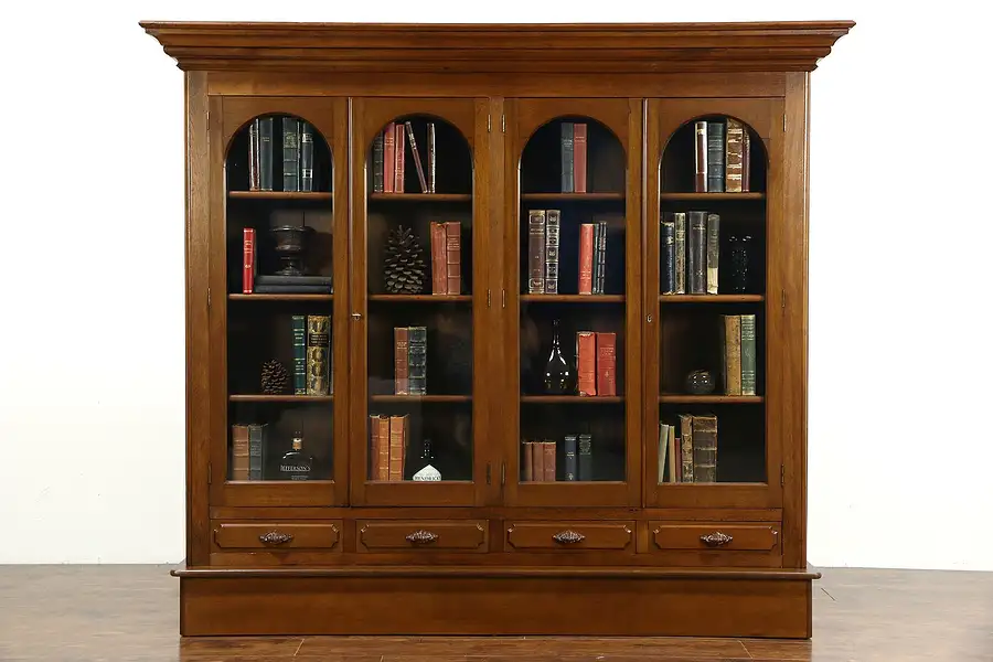 Main image of Victorian 1860 Antique Walnut Bookcase, 4 Wavy Glass Arched Doors