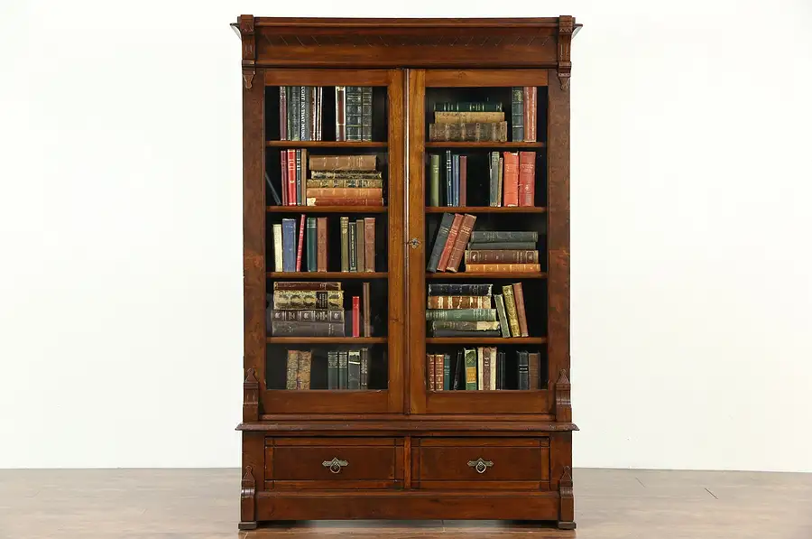 Main image of Victorian Eastlake Walnut Antique 1875 Library Bookcase, Wavy Glass Doors