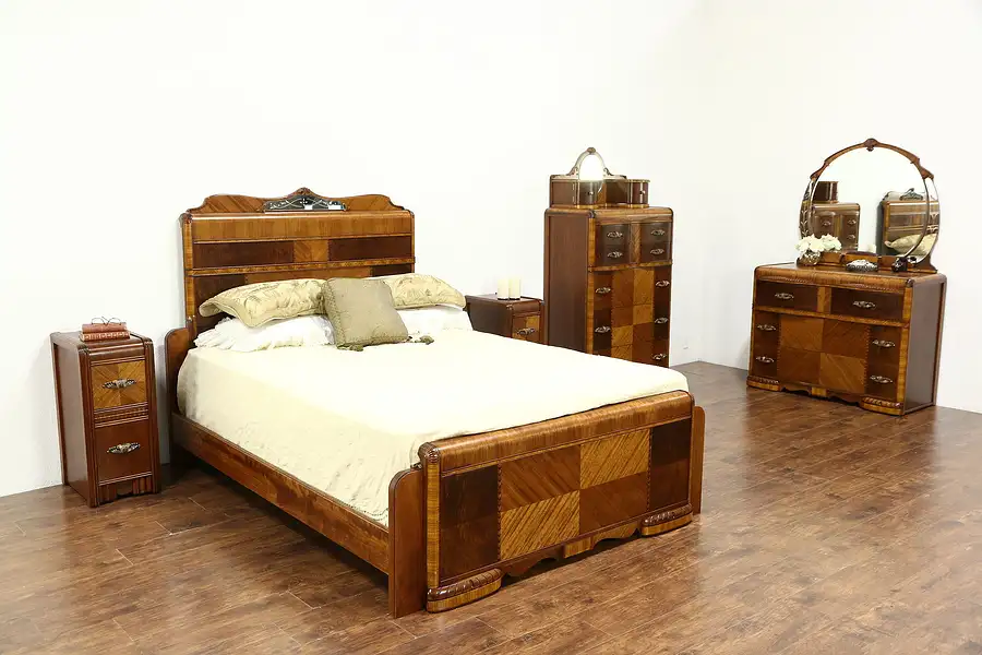 Main image of Art Deco 1935 Vintage Waterfall 5 Pc Bedroom Set, Queen Size Bed