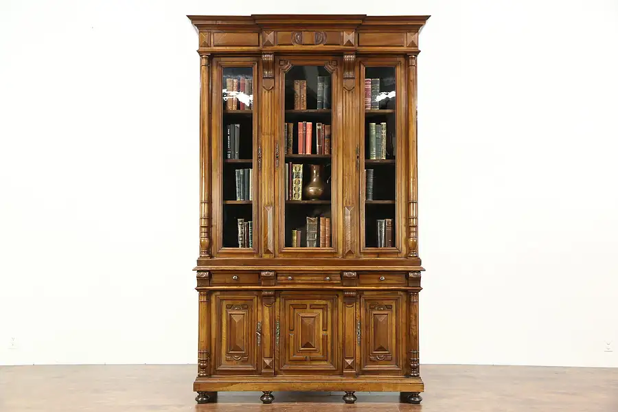 Main image of Victorian Antique Walnut 1875 Triple Library Bookcase, Wavy Glass, France